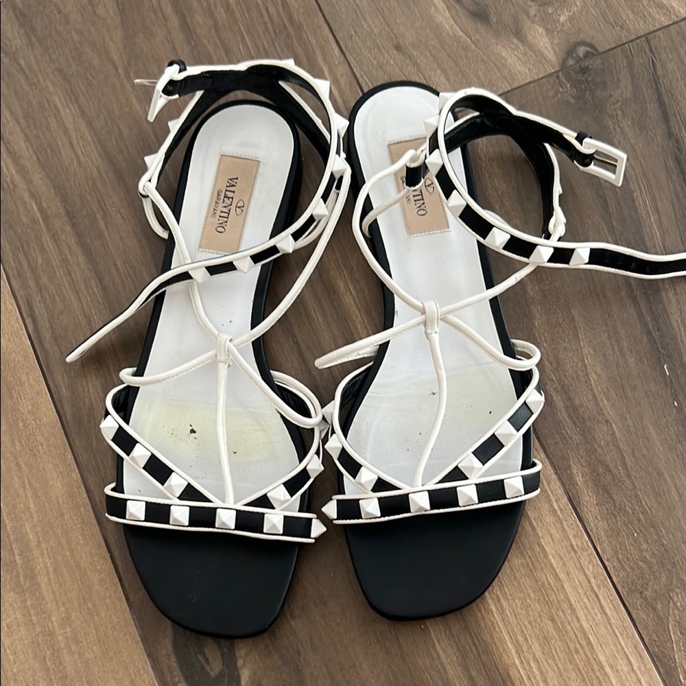 Valentino Black and White Strappy Sandals with Polka studs